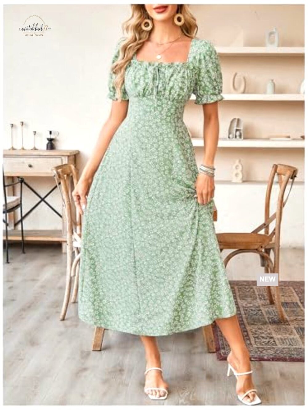 Size S Flowy Maxi Dress Ruched Bust Puff Sleeve Summer Wedding Guest - Picture 3 of 6